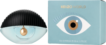 Kenzo World perfumy. Flakon w kształcie oka z czarną, karbowaną nakrętką i złotą kulką, obok błękitne pudełko z grafiką oka.
