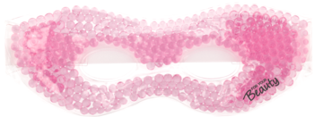 Różowa żelowa maska do chłodzenia oczu z widocznymi kuleczkami i ozdobnymi brzegami, ujęcie z przodu.