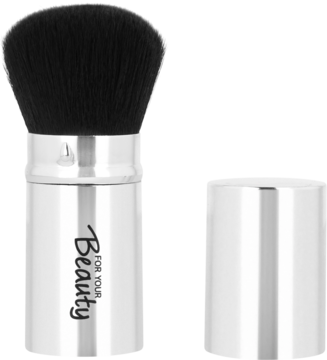 Srebrny kieszonkowy pędzel Kabuki For Your Beauty do pudru, z czarnym włosiem, złożony, obok srebrna skuwka.