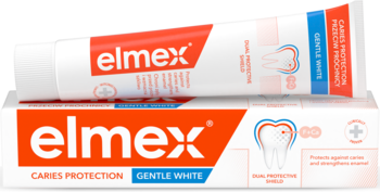 Biała pasta do zębów elmex Protection Gentle White, tubka na pudełku. Pomaga w walce z próchnicą.