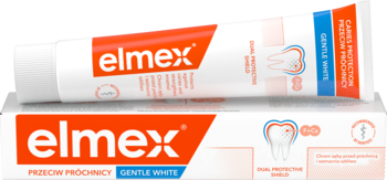 Tuba i kartonik elmex Gentle White pasta do zębów, ochrona przed próchnicą, biało-pomarańczowe opakowanie.