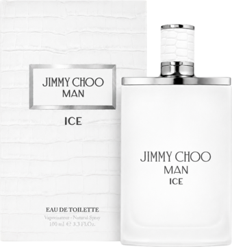 Jimmy Choo Man Ice męska woda toaletowa, biały matowy flakon i pudełko z eleganckim srebrnym logo, przód.