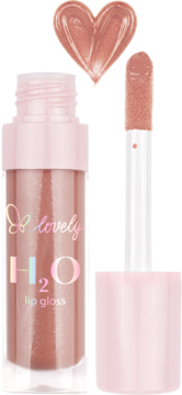 Nawilżający błyszczyk Lovely H2O w różowo-złotym odcieniu, otwarta butelka z aplikatorem obok, swatch w kształcie serca.