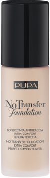 PUPA No Transfer Foundation, beżowy matujący podkład w butelce z czarną nakrętką, widok z przodu.