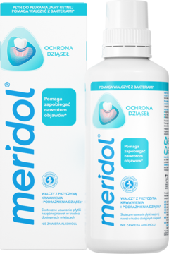 Płyn do płukania meridol Ochrona Dziąseł w białej butelce i kartoniku, widok z przodu, niebieskie detale.