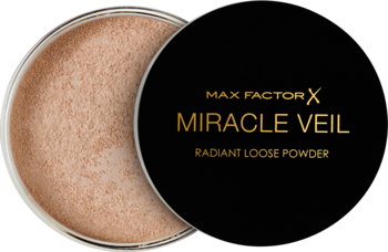 Otwarty słoik rozświetlającego pudru sypkiego Max Factor Miracle Veil, widok z góry.