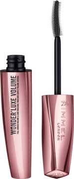 Mascara Rimmel Wonder'Luxe Volume 001 Black w różowo-złotej tubie, otwarta, z widoczną czarną silikonową szczoteczką.