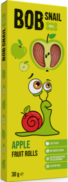 Żółte opakowanie Bob Snail Apple Fruit Rolls, zielony ślimak, przekrojone jabłko, 100% owoców.