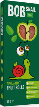 Zielone opakowanie Bob Snail Apple-Mint Fruit Rolls z rysunkowym ślimakiem i przekrojonym jabłkiem, widok z przodu.