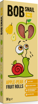 Yellow Bob Snail Apple-Pear Fruit Rolls box featuring a cartoon snail, sliced apple, and pear.