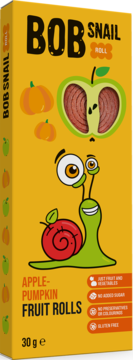 Żółte pudełko Bob Snail Apple-Pumpkin Fruit Rolls, z kreskówkowym ślimakiem, jabłkiem i dynią, widok z przodu.