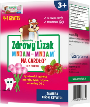 ZDROWY LIZAK Mniam-Mniam ,lizak na gardło, 3+, smak malinowy,kompozycja-2