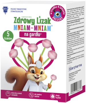 Front białe opakowanie Zdrowy Lizak Mniam-Mniam na gardło, z wiewiórką-lekarzem i różowymi lizakami w sercu.