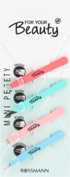 Zestaw mini pęsetek For Your Beauty, 4 sztuki, typy: skośna, kombi, prosta, szpiczasta. Widok na opakowaniu.