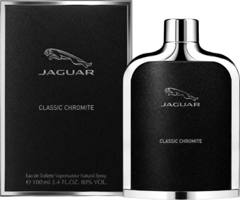 Woda toaletowa dla mężczyzn Jaguar Classic Chromite, czarna butelka i pudełko ze srebrnym logo, widok z przodu.