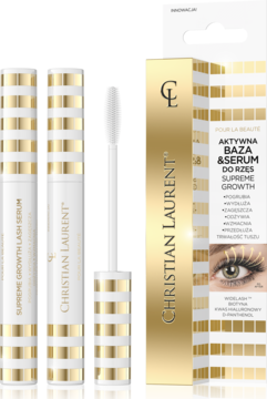 Christian Laurent Supreme Growth lash serum: dwie biało-złote tubki z aplikatorem i pionowe opakowanie z grafiką oka.