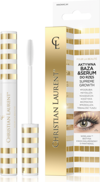 Christian Laurent Supreme Growth aktywne serum do rzęs w białej tubie ze złotymi paskami i pudełku, widok pod lekkim kątem.