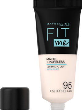 Matujący podkład Maybelline Fit Me Matte + Poreless w beżowej tubce, z otwartą czarną zakrętką, odcień 95.