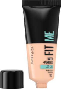 Matujący podkład Maybelline Fit Me Matte+Poreless w beżowej tubce z odkręconą czarną nakrętką.