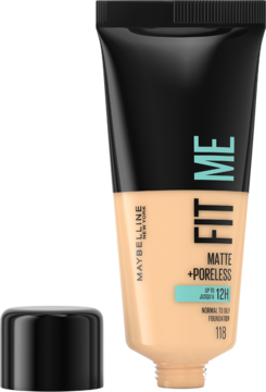 Maybelline Fit Me Matte + Poreless 118 matujący podkład w beżowej tubce, czarna zakrętka obok, ujęcie pod kątem.