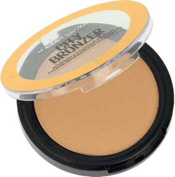 Puder brązujący Maybelline City Bronzer w otwartym okrągłym kompakcie, matowy brąz, widok z góry pod kątem.