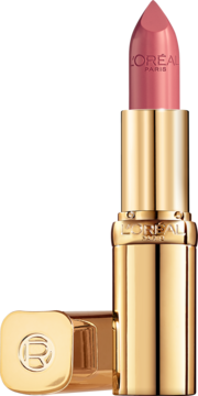 L'Oréal Color Riche: różowa, satynowa pomadka z olejkiem arganowym w złotej oprawie z otwartą skuwką.