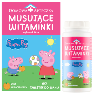 Pudełko i butelka Domowa Apteczka Musujące Witaminki Peppa Pig. Witaminki do ssania o smaku pomarańczowym.