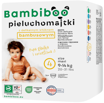 Bambiboo pieluchomajtki z włóknem bambusowym, rozmiar 4 (9-14 kg), białe opakowanie, ujęcie z przodu.