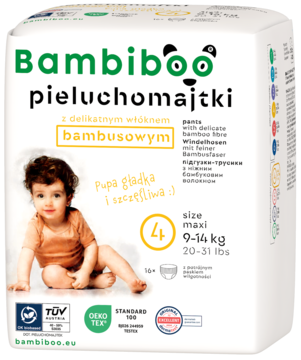 Bambiboo pieluchomajtki, rozmiar 4 Maxi (9-14 kg), z włóknem bambusowym. Białe opakowanie z uśmiechniętym dzieckiem.