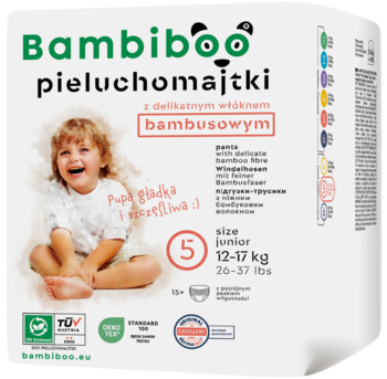 Bambiboo pieluchomajtki bambusowe rozmiar 5 (12-17 kg) na białym opakowaniu z uśmiechniętym dzieckiem.