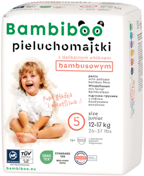 Bambiboo pieluchomajtki z włóknem bambusowym, rozmiar 5 (12-17 kg), białe opakowanie, widok z przodu.