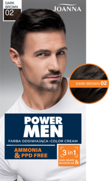 Joanna Power Men Dark Brown 02 farba do włosów i brody bez amoniaku, widok z przodu przy modelu.