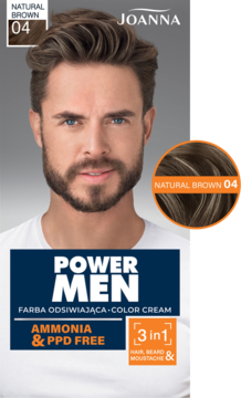 Opakowanie farby Joanna Power Men Natural Brown 04 do włosów i brody, z męskim modelem i próbką koloru.