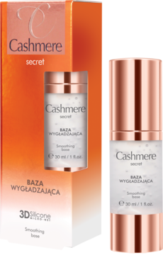 Kaszmirowa baza wygładzająca Cashmere Secret 3D Silicone w butelce z pompką i pomarańczowym pudełku.