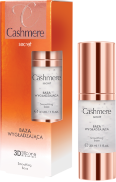 Kaszmirowa baza wygładzająca Cashmere Secret 3D Silicone w butelce z pompką i pomarańczowym pudełku.