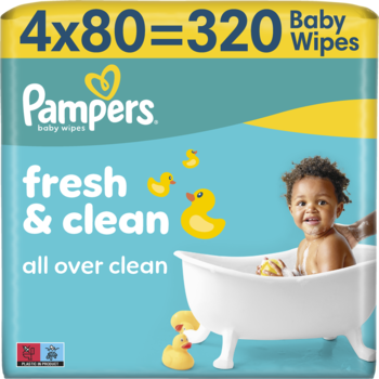 Pampers Fresh & Clean chusteczki nawilżane 320 szt. w turkusowym opakowaniu z wizerunkiem dziecka i kaczek.
