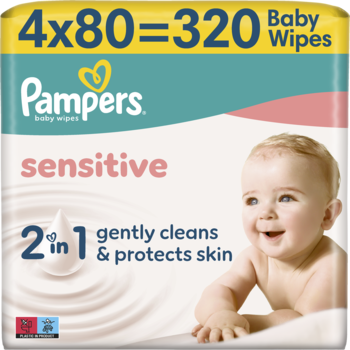 Pampers Sensitive chusteczki nawilżane 320 sztuk, białe opakowanie z napisem Sensitive i dzieckiem, widok z przodu.
