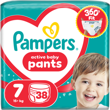 Pieluchomajtki Pampers Active Baby Pants, rozmiar 7, 38 sztuk. Turkusowe opakowanie z czerwonym sercem i uśmiechniętym chłopcem.