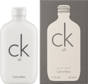 Biała matowa butelka CK All i szare pudełko, widoczne obok siebie. Unisex woda toaletowa Calvin Klein.