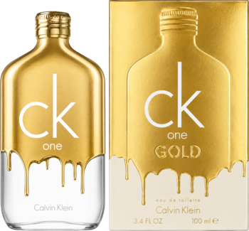 Złota butelka CK One Gold Calvin Klein i pudełko z efektem złotej farby, widok z przodu.