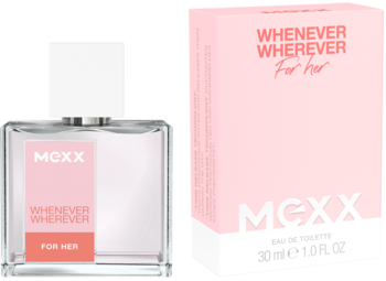 MEXX Whenever Wherever woda toaletowa w przezroczystej butelce z różowym opakowaniem, widok z przodu.