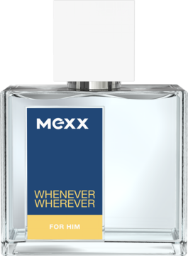 Przejrzysta butelka perfum Mexx Whenever Wherever For Him, granatowa etykieta z żółtym napisem, biały korek.