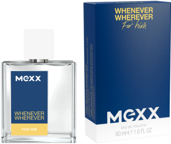 Męska woda toaletowa Mexx Whenever Wherever For Him, przezroczysta butelka i granatowe opakowanie, widok pod kątem.