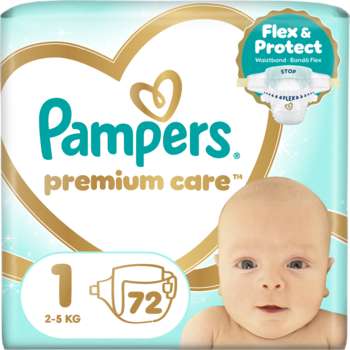 Opakowanie Pampers Premium Care pieluszki rozmiar 1 (2-5 kg), 72 sztuki, niebiesko-złote, z wizerunkiem niemowlaka.