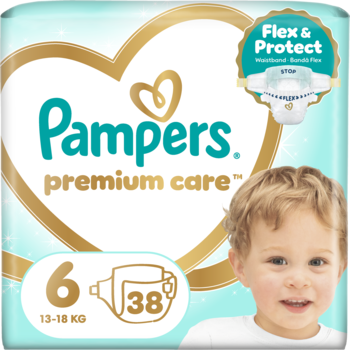 Zielone opakowanie pieluszek Pampers Premium Care rozmiar 6 (13-18 kg), 38 szt. Złote serce i uśmiechnięte dziecko.