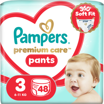 Front opakowania Pampers Premium Care pants rozmiar 3 (48 szt.), 360° Soft Fit, z sercem i uśmiechniętym dzieckiem.