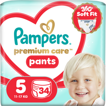 Opakowanie Pampers Premium Care Pants rozmiar 5 (11-17 kg), 34 sztuki, z uśmiechniętym dzieckiem i logiem 360 Soft Fit.