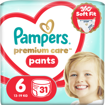 Opakowanie Pampers Premium Care Pants rozm. 6 (13-19 KG), 31 szt. z sercem i uśmiechniętym dzieckiem.