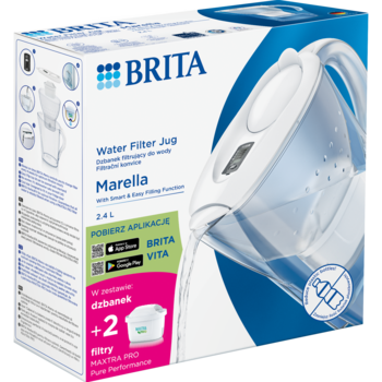 Pudełko dzbanka filtrującego BRITA Marella 2.4L z widocznym jugiem lejącym wodę i informacją o 2 filtrach.