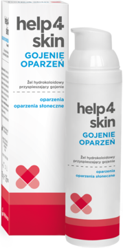 Help4Skin Gojenie Oparzeń: biały żel hydrokoloidowy w butelce z pompką i pudełku, widok z przodu.